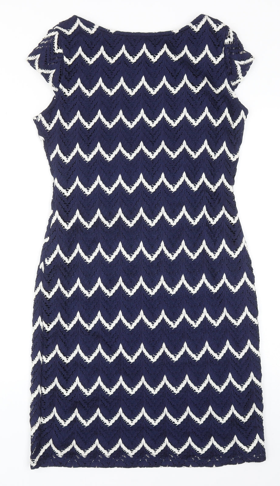 Roman Womens Blue Geometric Polyester Pencil Dress Size 14 Boat Neck Pullover