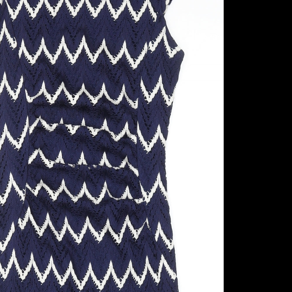 Roman Womens Blue Geometric Polyester Pencil Dress Size 14 Boat Neck Pullover