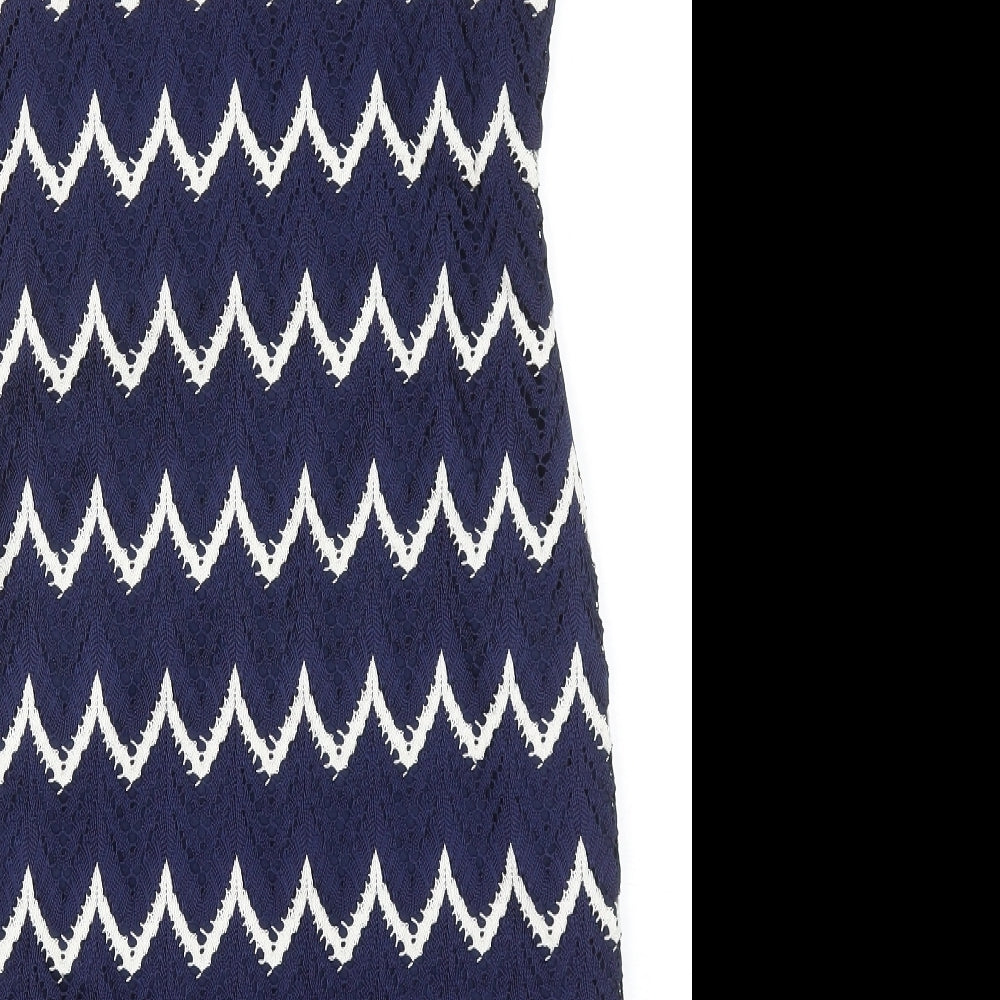Roman Womens Blue Geometric Polyester Pencil Dress Size 14 Boat Neck Pullover