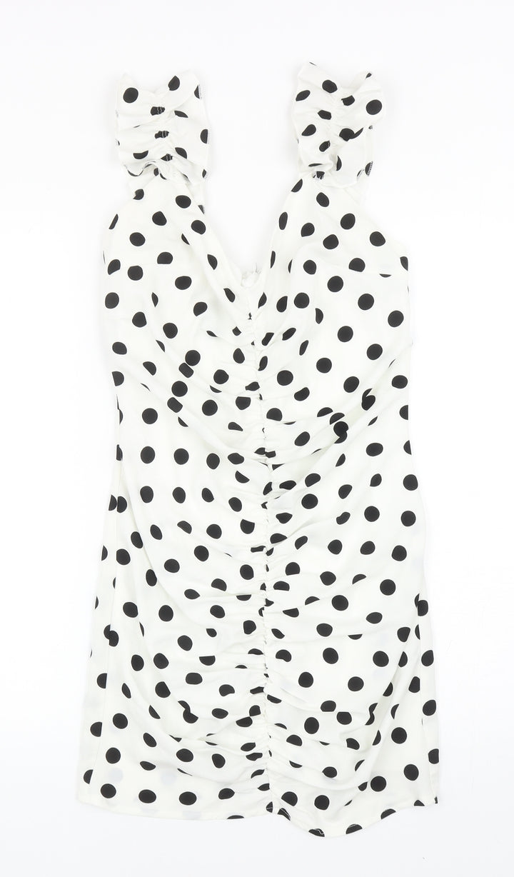 Preworn Womens White Polka Dot Polyester Bodycon Size S V-Neck Zip