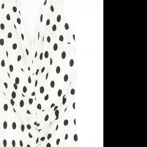 Preworn Womens White Polka Dot Polyester Bodycon Size S V-Neck Zip