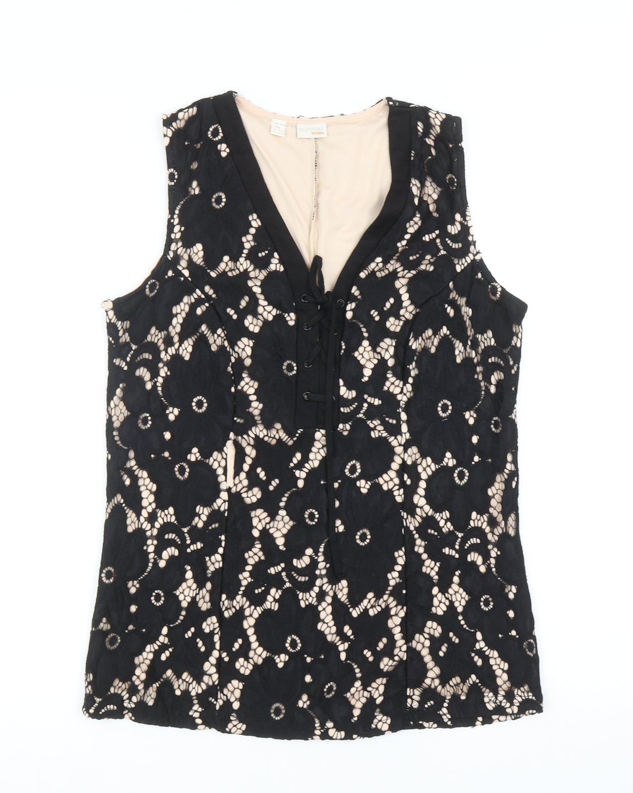 Body Flirt Womens Black Floral Polyamide Basic Blouse Size S V-Neck - Lace Overlay