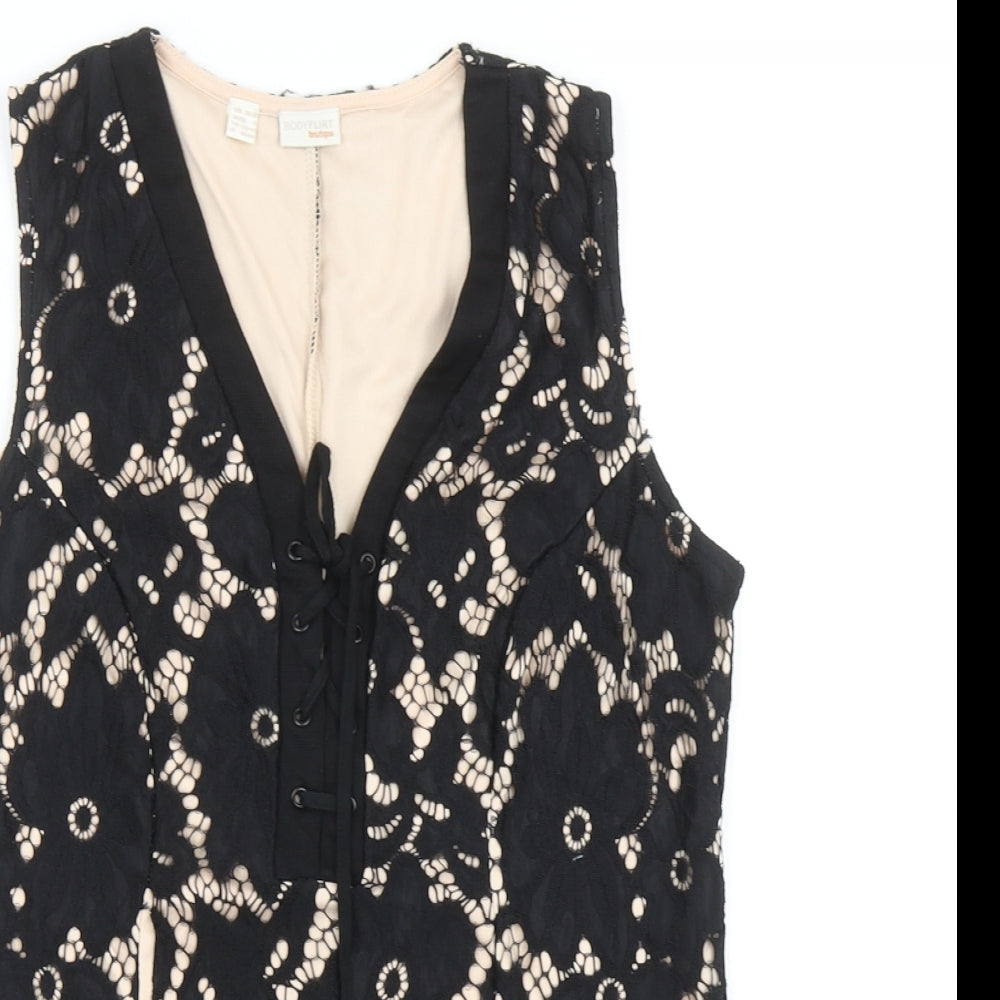Body Flirt Womens Black Floral Polyamide Basic Blouse Size S V-Neck - Lace Overlay