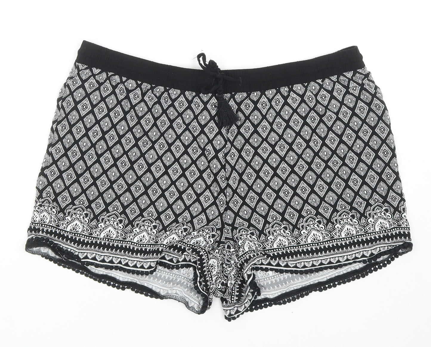 Papaya Womens Black Geometric Viscose Hot Pants Shorts Size 18 Regular Drawstring