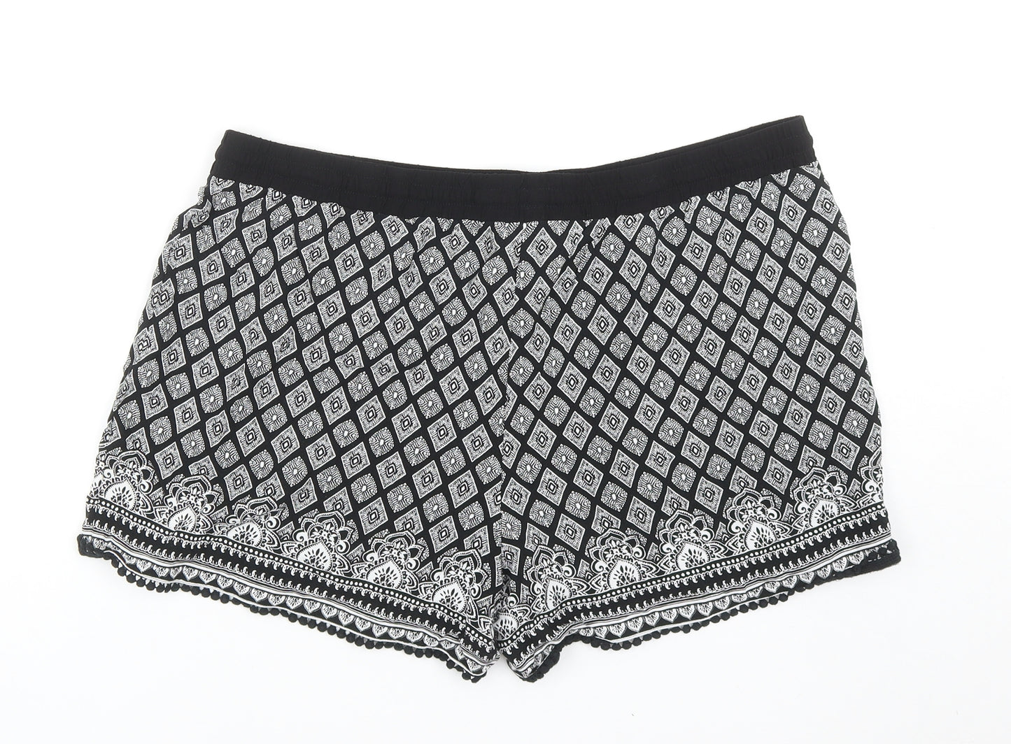 Papaya Womens Black Geometric Viscose Hot Pants Shorts Size 18 Regular Drawstring