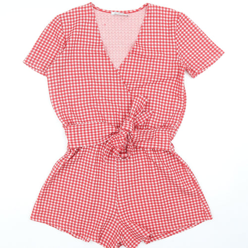 Zara Womens Red Check Polyester Playsuit One-Piece Size M Pullover