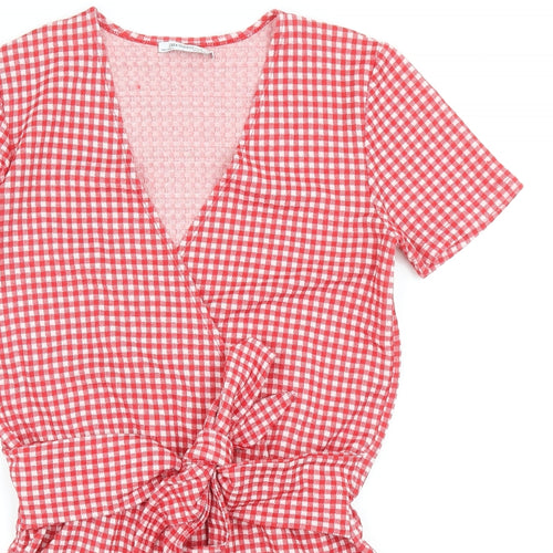 Zara Womens Red Check Polyester Playsuit One-Piece Size M Pullover