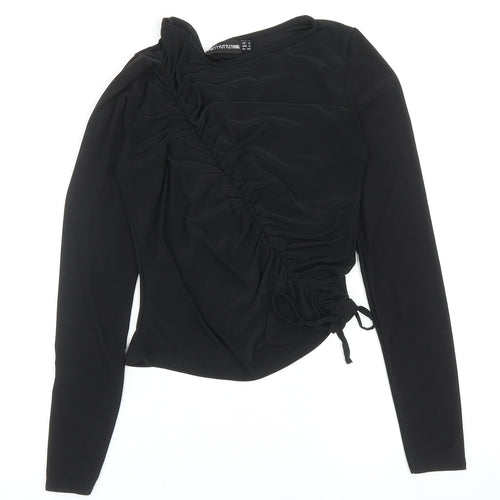 PRETTYLITTLETHING Womens Black Polyester Basic Blouse Size 6 Boat Neck - Tie Ruched Detail