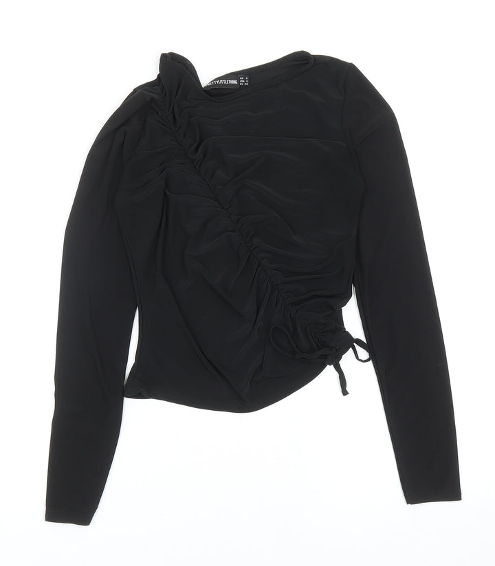 PRETTYLITTLETHING Womens Black Polyester Basic Blouse Size 6 Boat Neck - Tie Ruched Detail