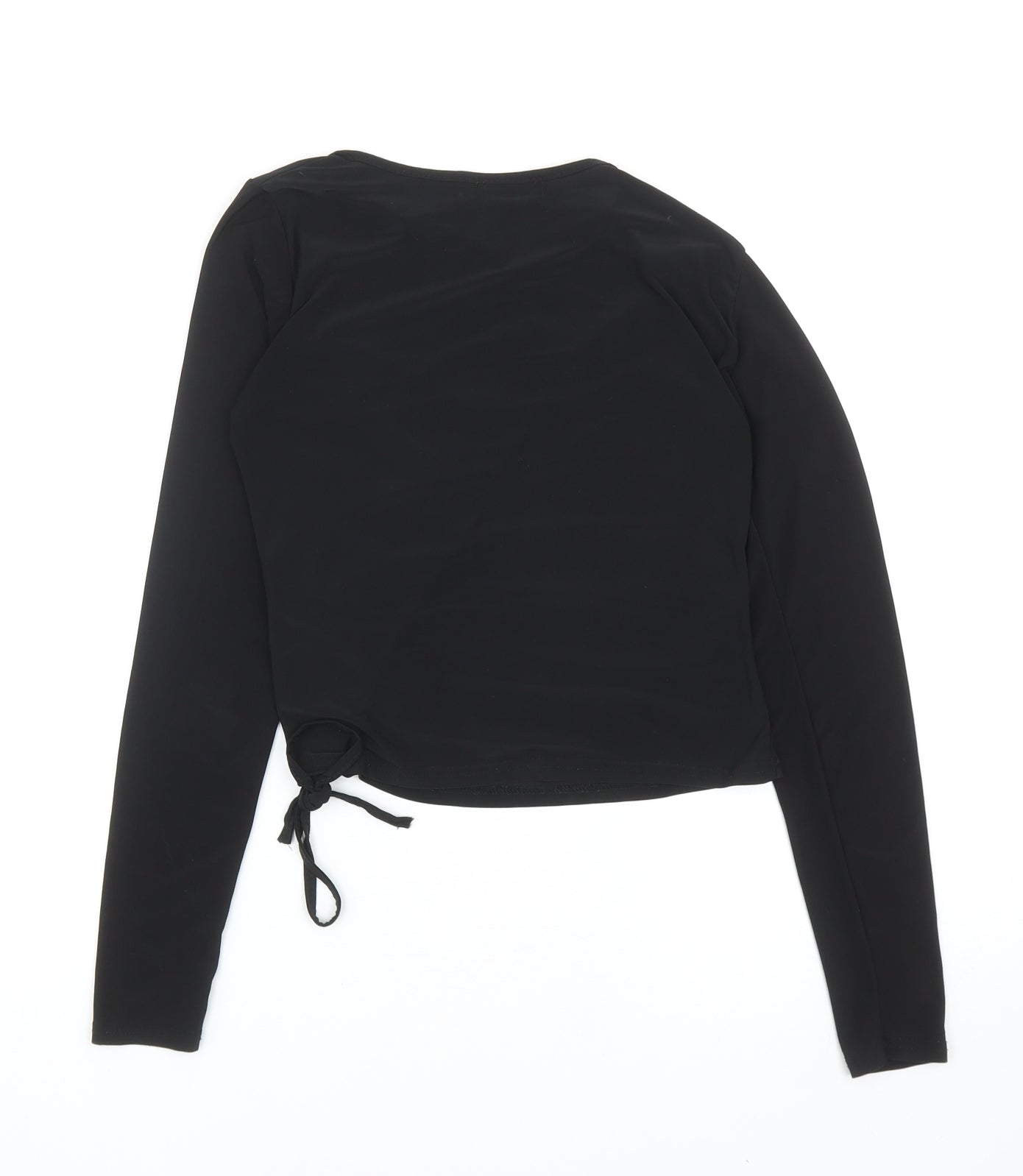 PRETTYLITTLETHING Womens Black Polyester Basic Blouse Size 6 Boat Neck - Tie Ruched Detail