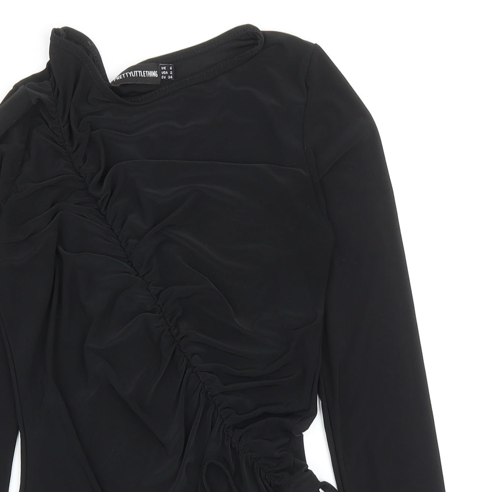 PRETTYLITTLETHING Womens Black Polyester Basic Blouse Size 6 Boat Neck - Tie Ruched Detail