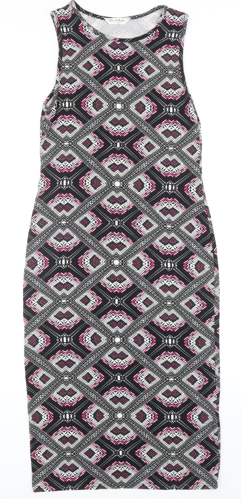 Miss Selfridge Womens Black Geometric Viscose Tank Dress Size 10 Boat Neck Pullover