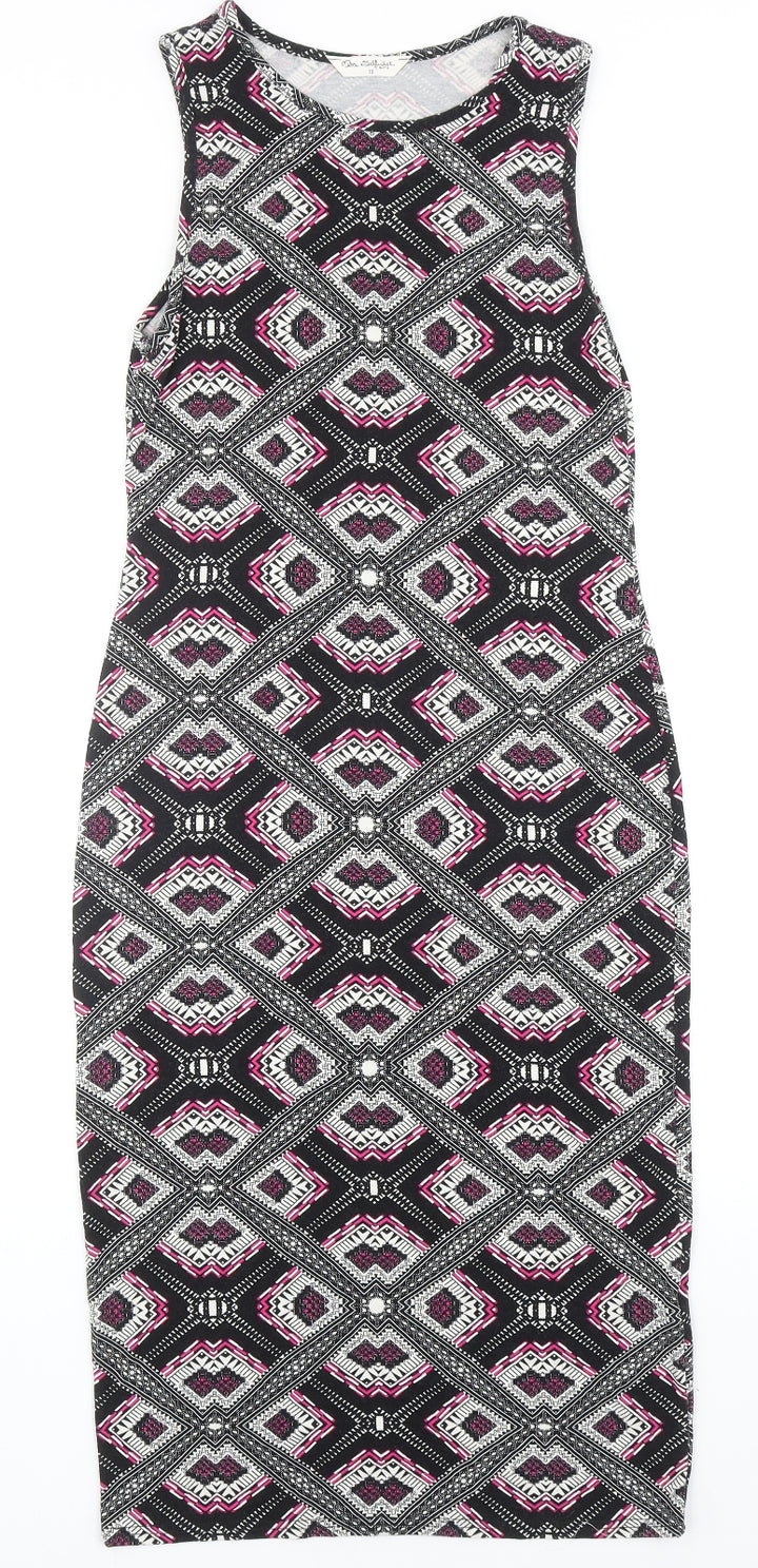 Miss Selfridge Womens Black Geometric Viscose Tank Dress Size 10 Boat Neck Pullover