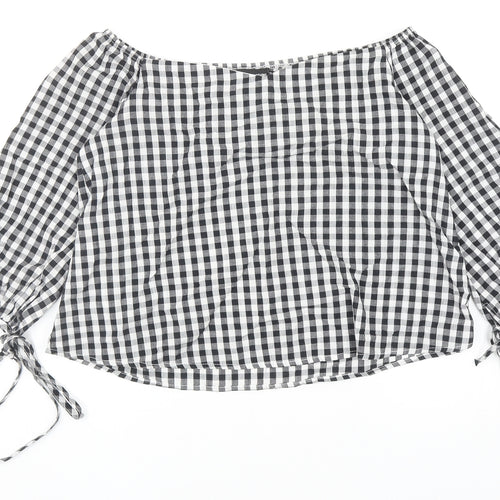 PRETTYLITTLETHING Womens Black Check Cotton Basic Blouse Size 8 Boat Neck