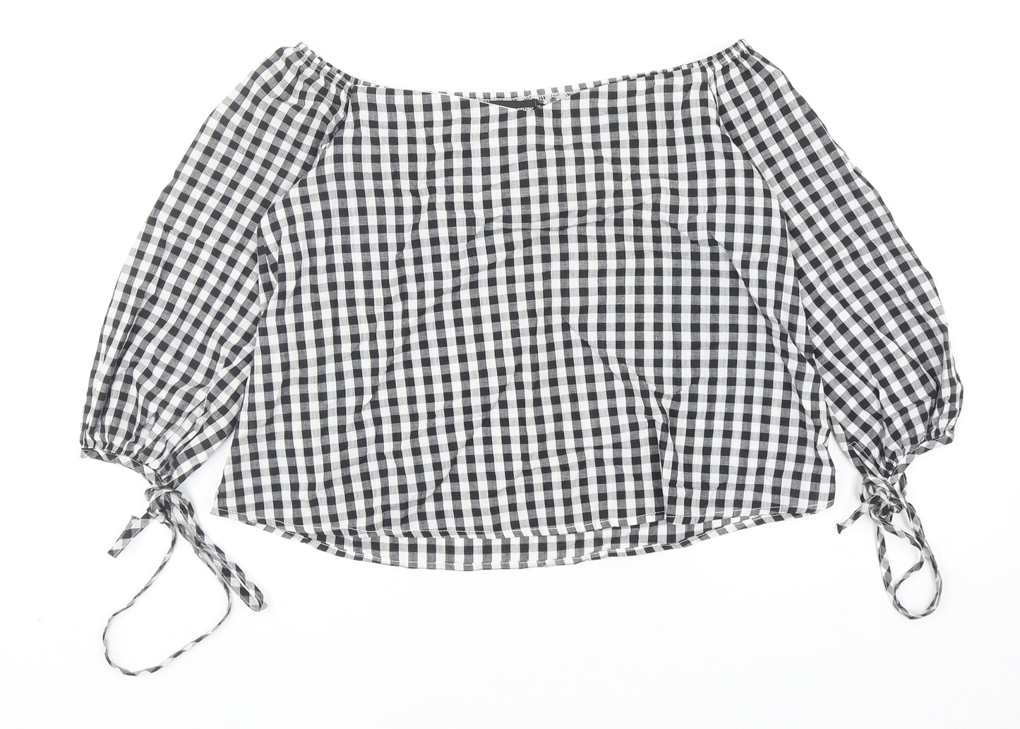 PRETTYLITTLETHING Womens Black Check Cotton Basic Blouse Size 8 Boat Neck