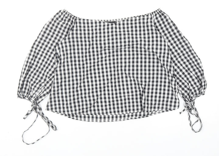 PRETTYLITTLETHING Womens Black Check Cotton Basic Blouse Size 8 Boat Neck