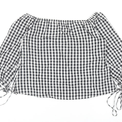 PRETTYLITTLETHING Womens Black Check Cotton Basic Blouse Size 8 Boat Neck