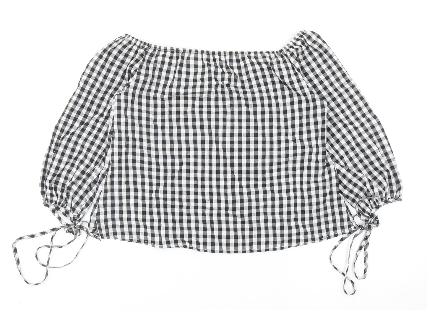 PRETTYLITTLETHING Womens Black Check Cotton Basic Blouse Size 8 Boat Neck