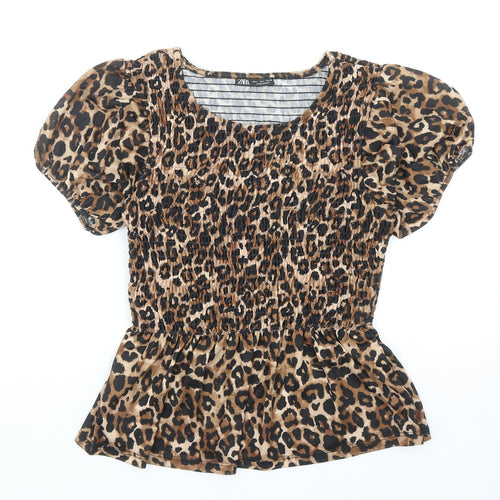Zara Womens Brown Animal Print Polyester Basic Blouse Size S Round Neck
