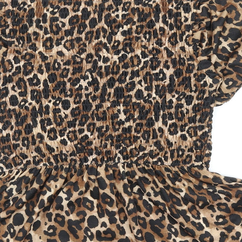 Zara Womens Brown Animal Print Polyester Basic Blouse Size S Round Neck