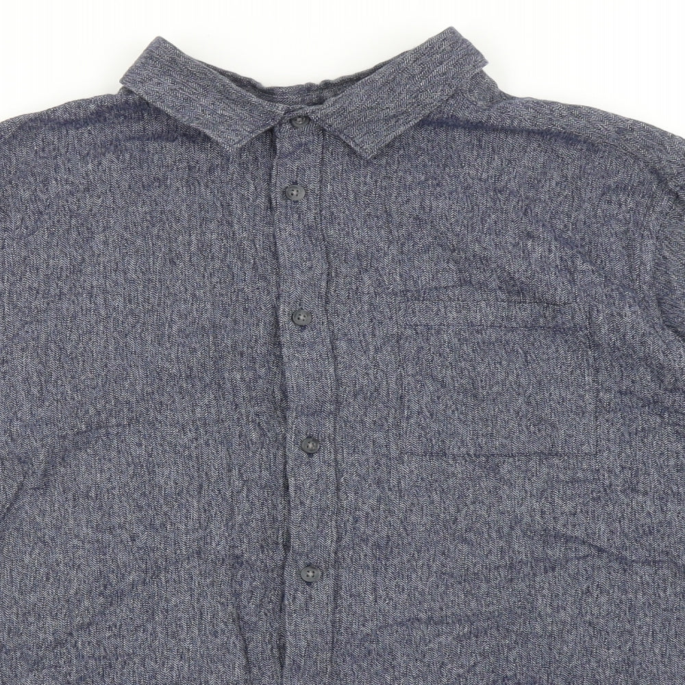 TU Mens Blue Cotton Button-Up Size L Collared Button