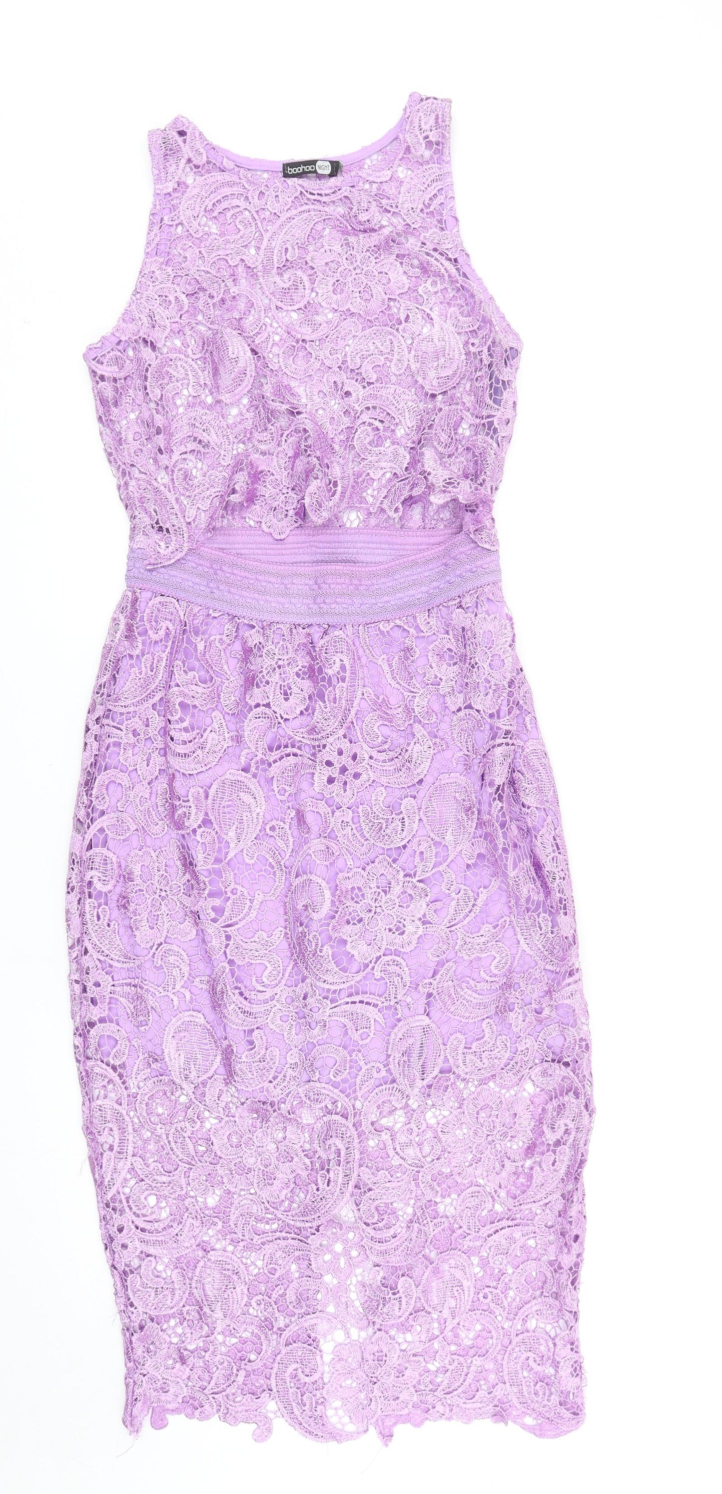 Boohoo Womens Purple Polyester Pencil Dress Size 14 Round Neck Zip