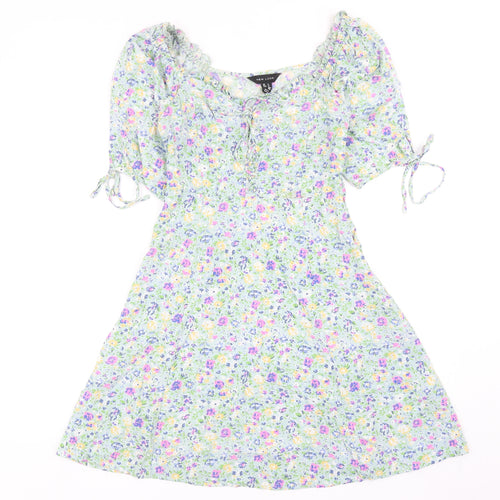 New Look Womens Green Floral Viscose Skater Dress Size 6 Scoop Neck Zip
