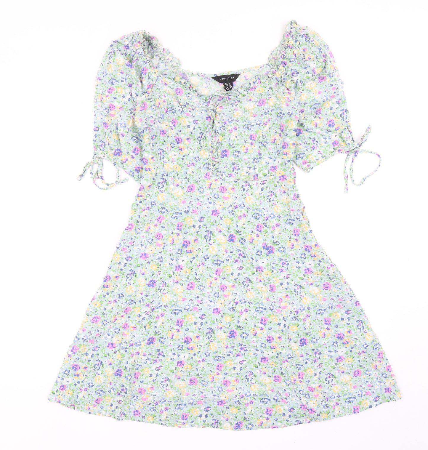 New Look Womens Green Floral Viscose Skater Dress Size 6 Scoop Neck Zip