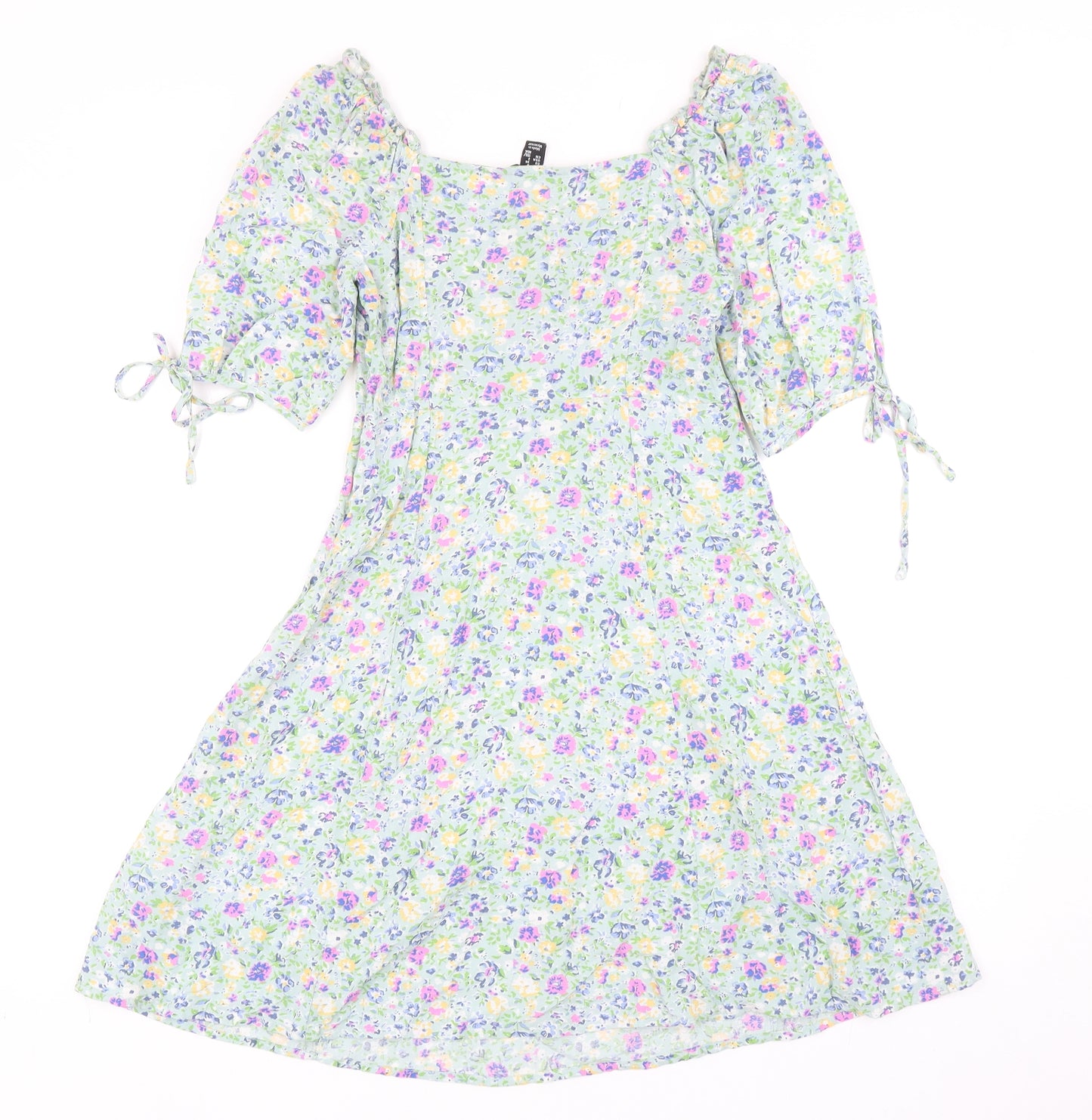 New Look Womens Green Floral Viscose Skater Dress Size 6 Scoop Neck Zip