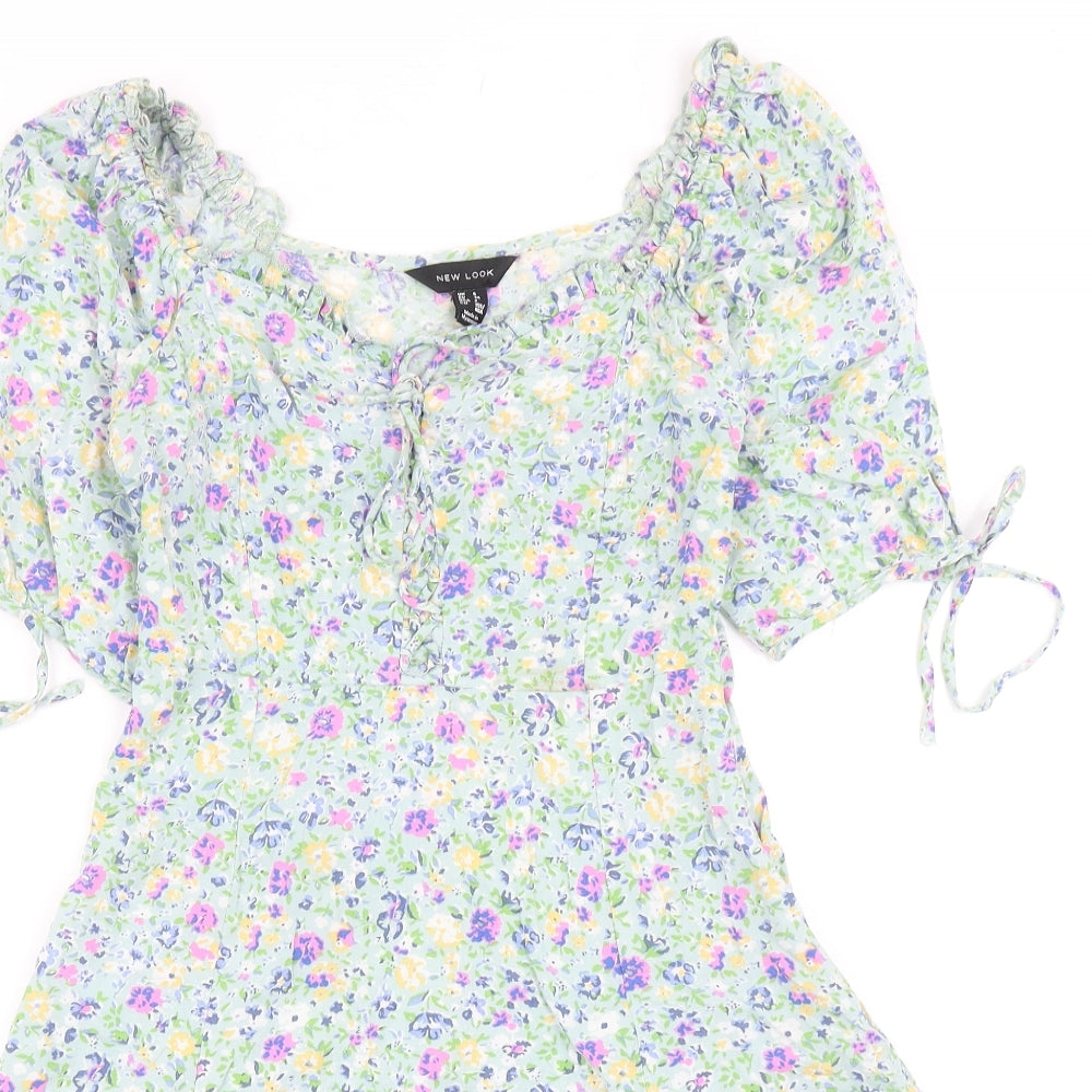 New Look Womens Green Floral Viscose Skater Dress Size 6 Scoop Neck Zip
