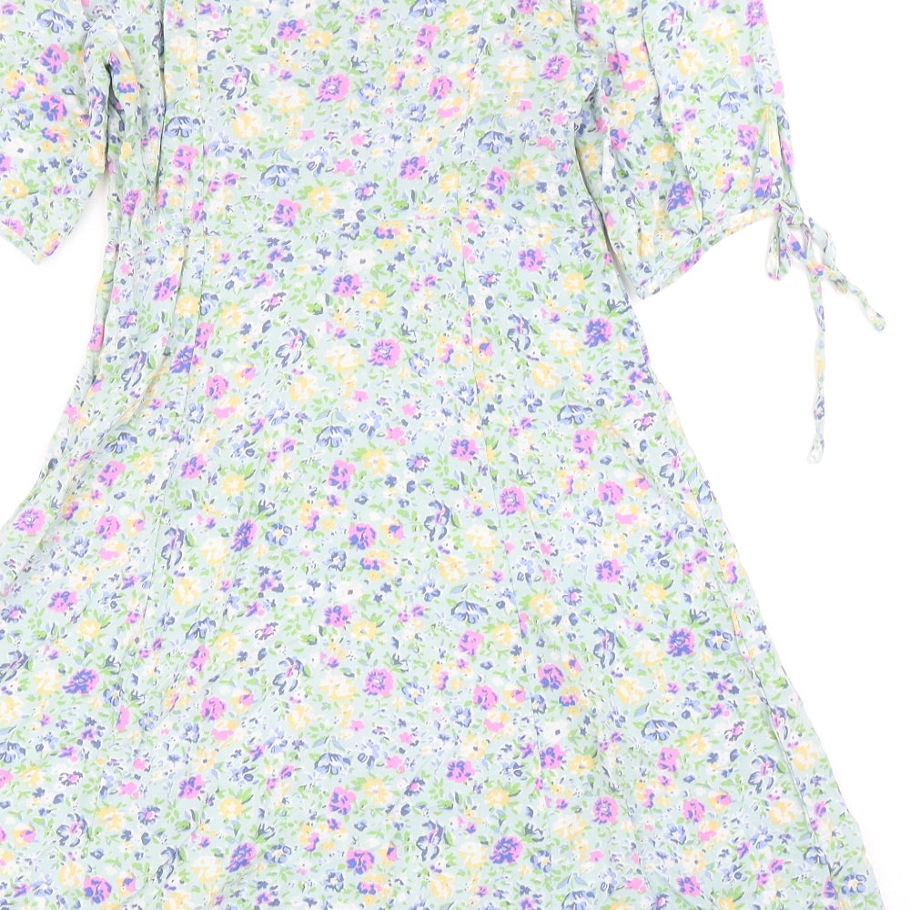 New Look Womens Green Floral Viscose Skater Dress Size 6 Scoop Neck Zip