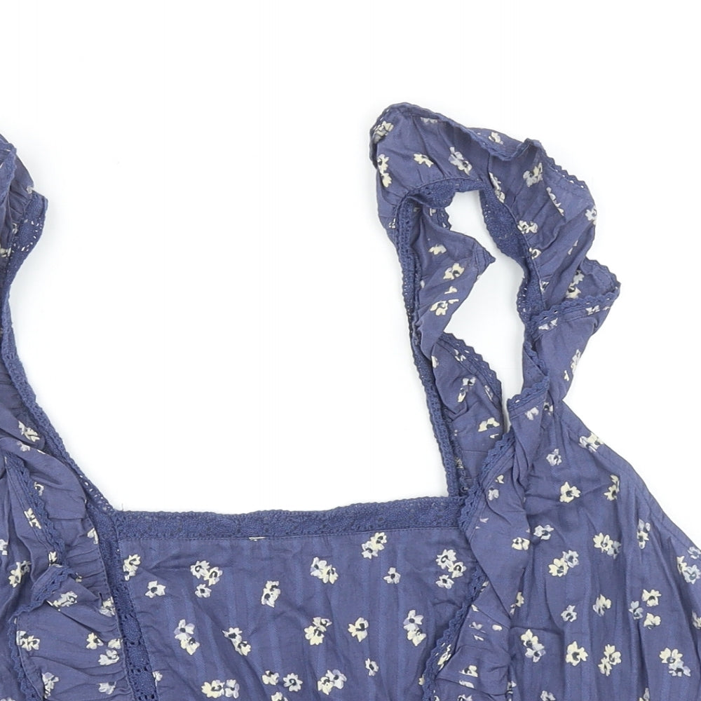 George Womens Blue Floral Cotton Cropped Blouse Size 20 Square Neck