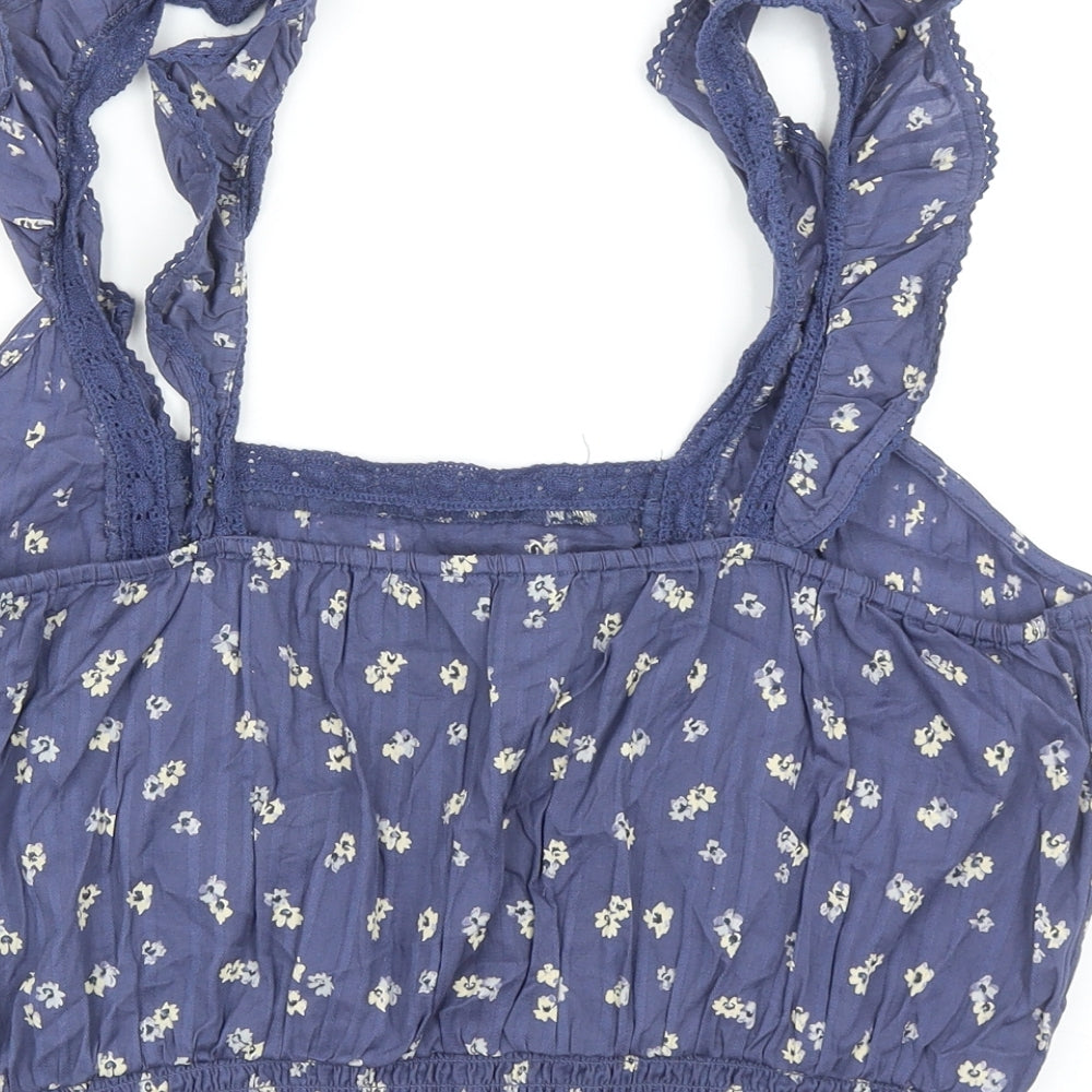 George Womens Blue Floral Cotton Cropped Blouse Size 20 Square Neck
