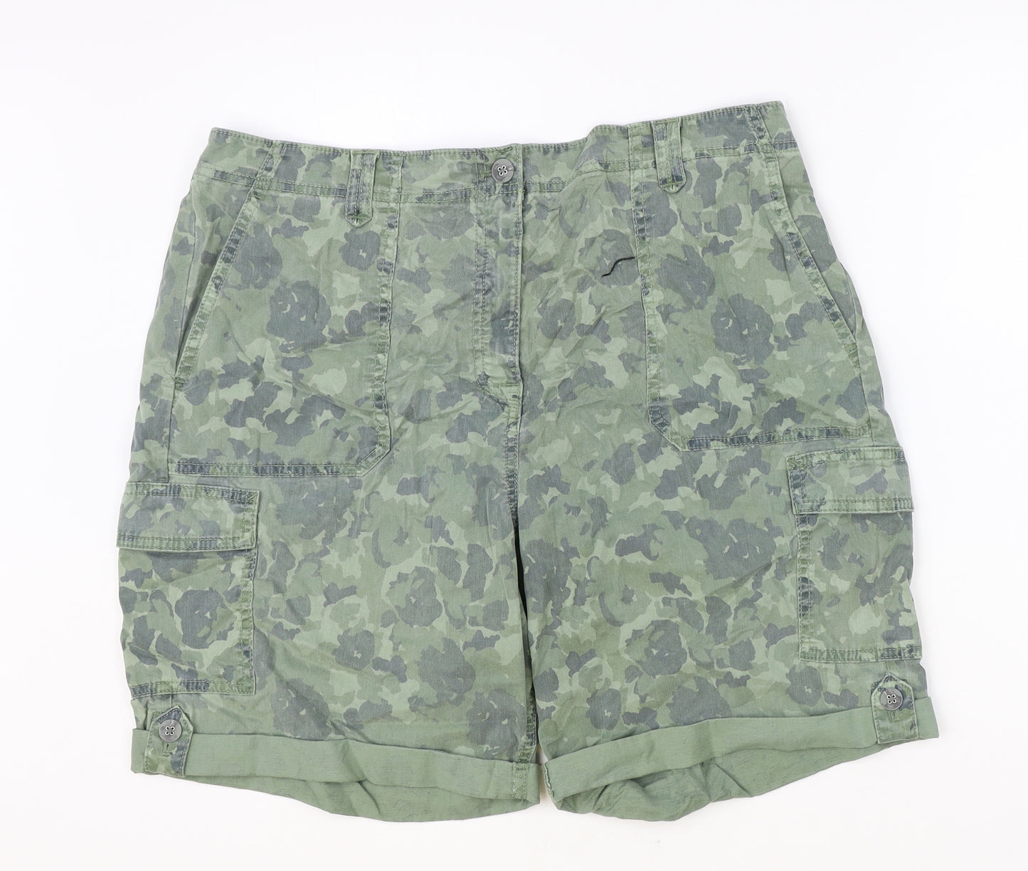 Marks and Spencer Womens Green Camouflage Lyocell Cargo Shorts Size 18 Regular