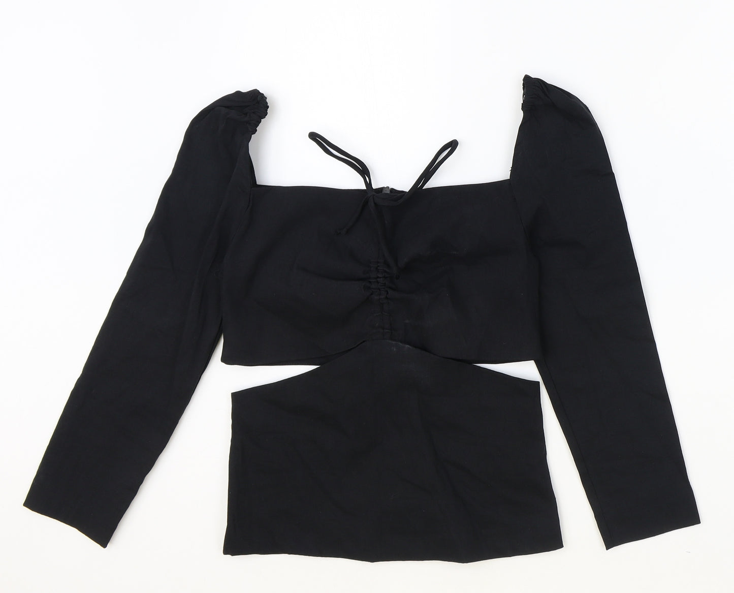 Zara Womens Black Linen Basic Blouse Size XS Square Neck - Cut Out Detail, Ruched