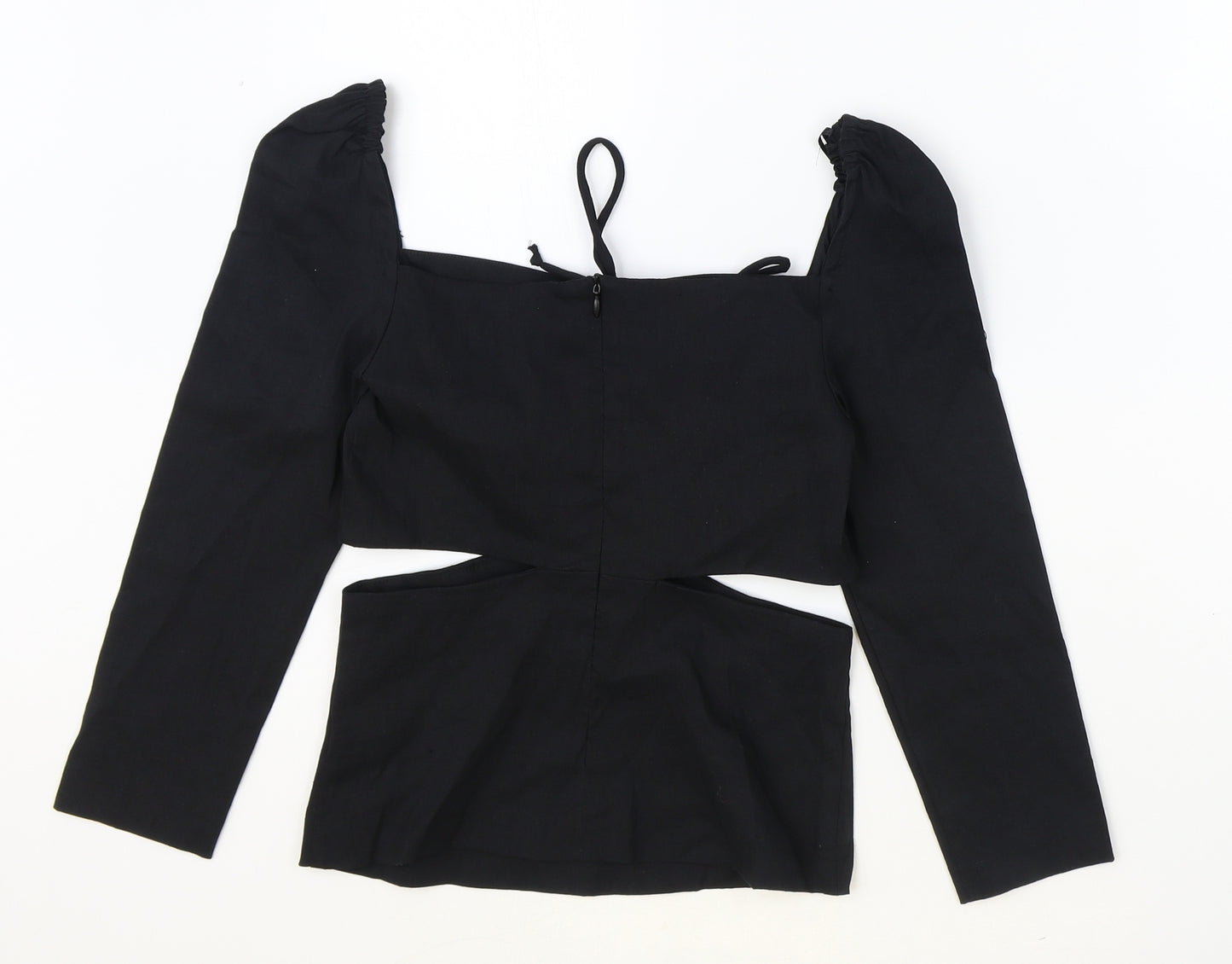 Zara Womens Black Linen Basic Blouse Size XS Square Neck - Cut Out Detail, Ruched