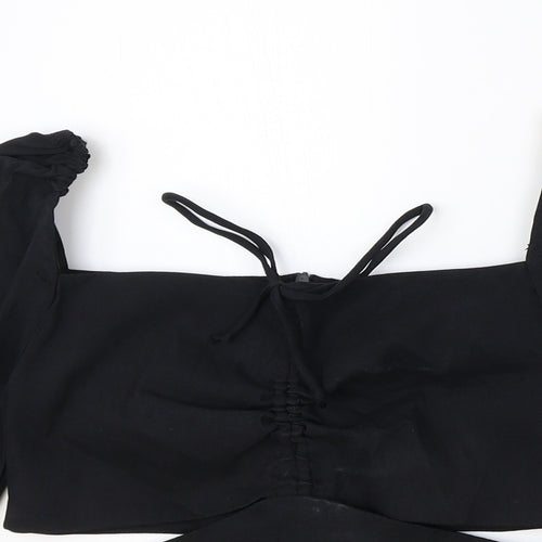 Zara Womens Black Linen Basic Blouse Size XS Square Neck - Cut Out Detail, Ruched