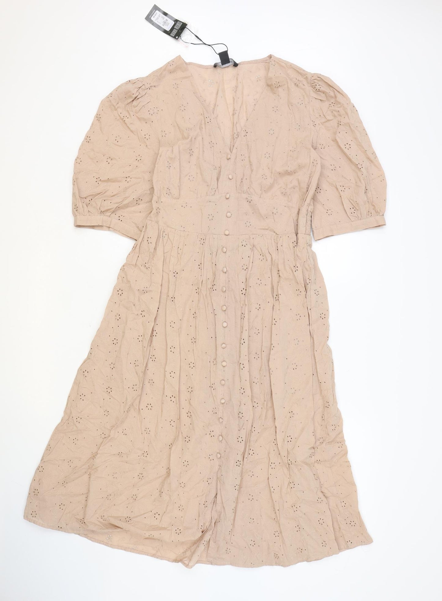 Primark Womens Pink 100% Cotton A-Line Size 12 V-Neck Button - Broderie Anglaise