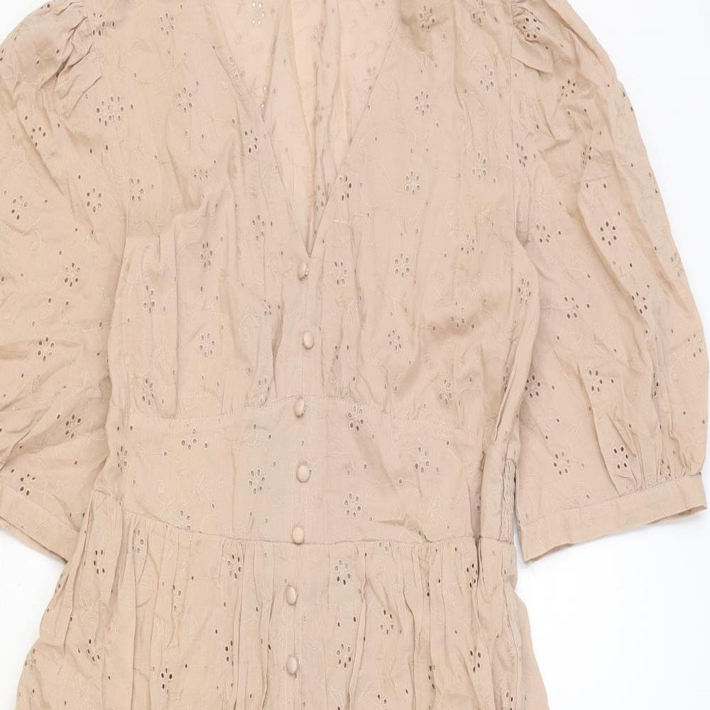 Primark Womens Pink 100% Cotton A-Line Size 12 V-Neck Button - Broderie Anglaise