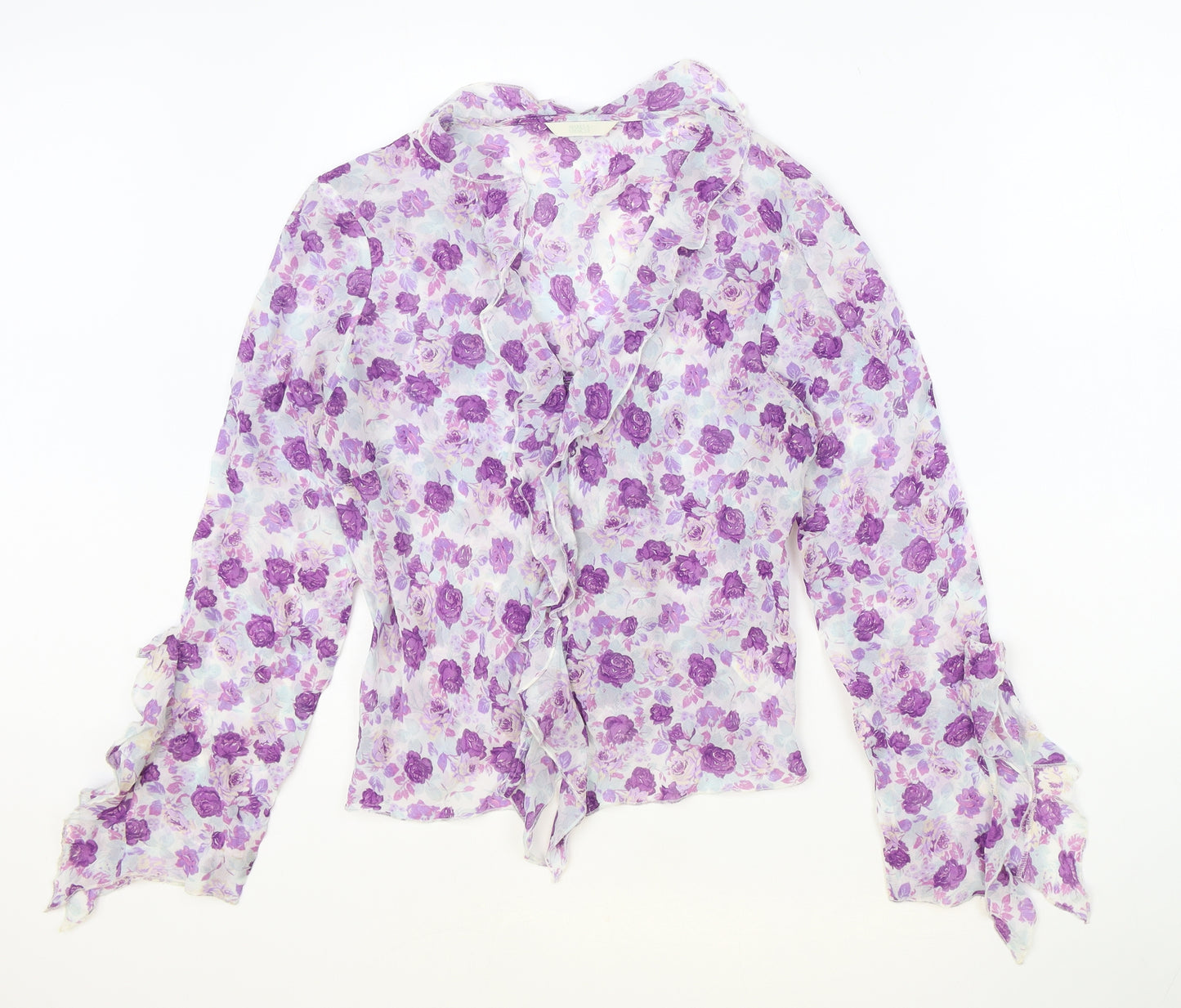Marks and Spencer Womens Purple Floral Viscose Basic Blouse Size 14 V-Neck
