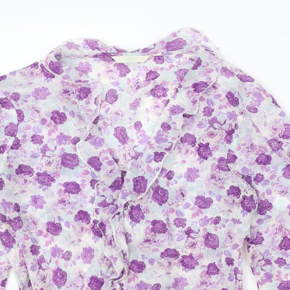 Marks and Spencer Womens Purple Floral Viscose Basic Blouse Size 14 V-Neck