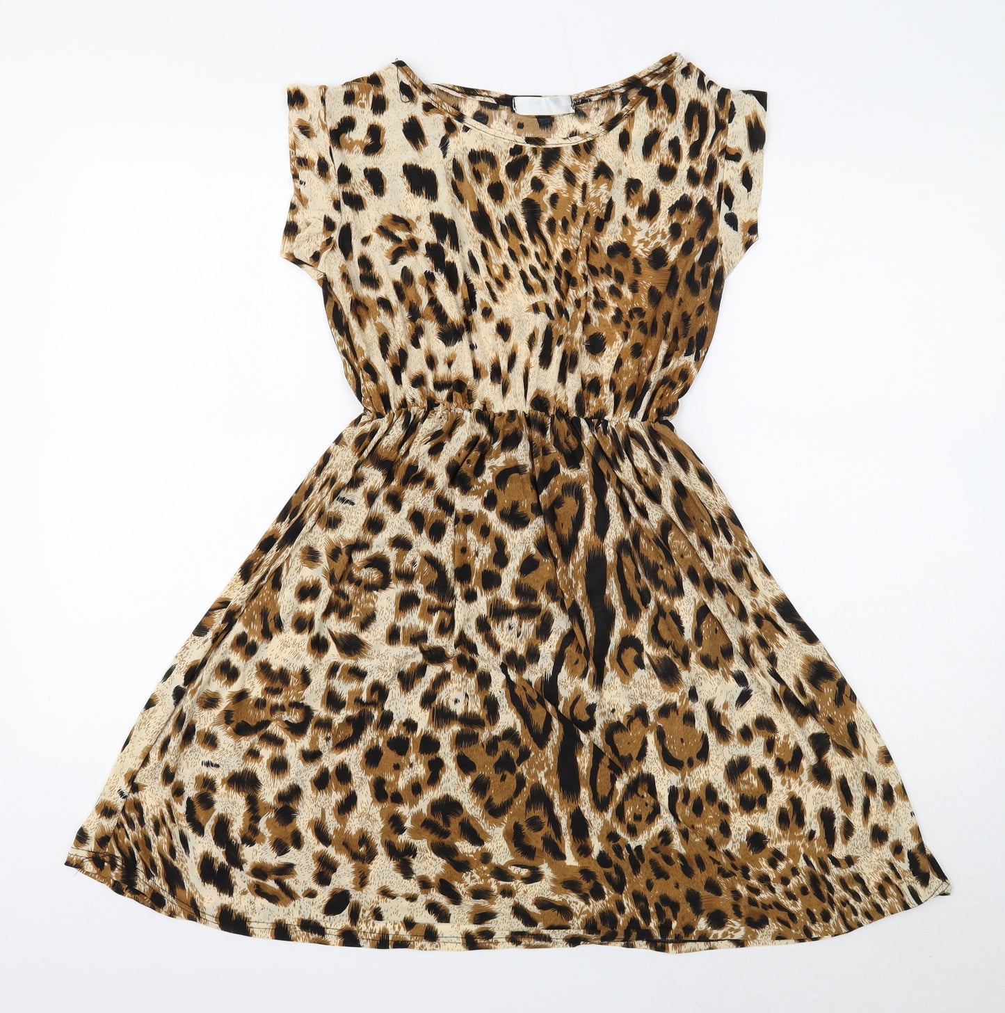 Preworn Womens Brown Animal Print Polyester Fit & Flare Size XL Boat Neck Pullover - Leopard Print