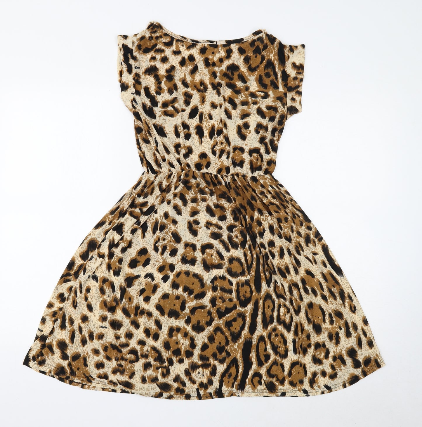 Preworn Womens Brown Animal Print Polyester Fit & Flare Size XL Boat Neck Pullover - Leopard Print