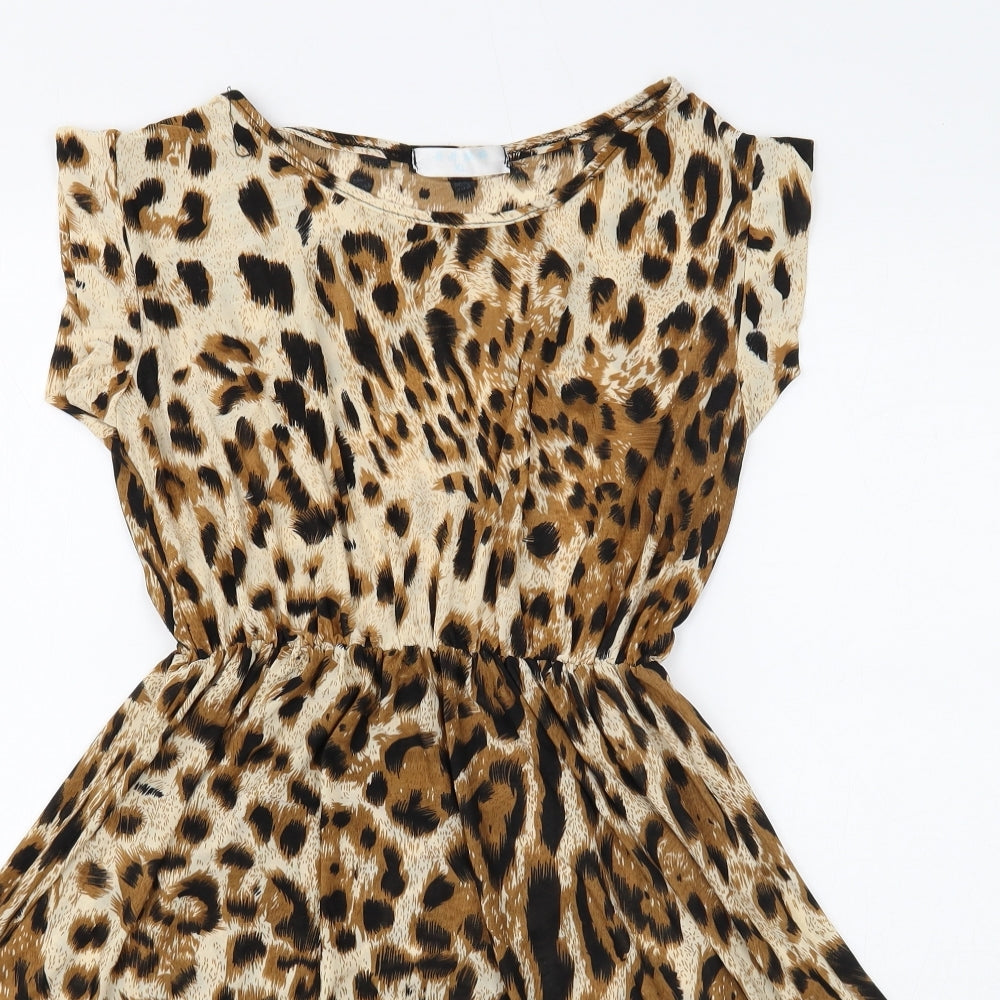 Preworn Womens Brown Animal Print Polyester Fit & Flare Size XL Boat Neck Pullover - Leopard Print