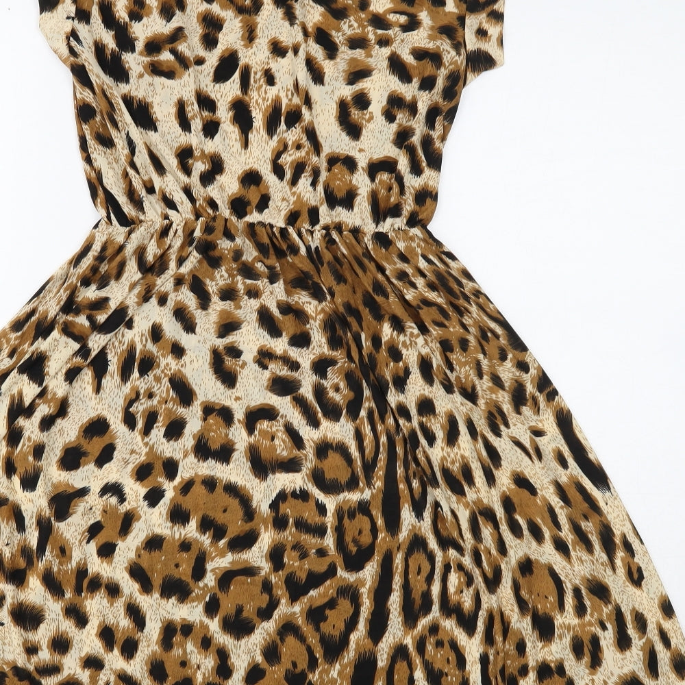 Preworn Womens Brown Animal Print Polyester Fit & Flare Size XL Boat Neck Pullover - Leopard Print