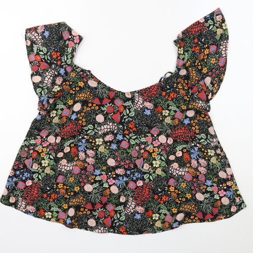 Topshop Womens Black Floral Polyester Cropped Blouse Size 10 Boat Neck
