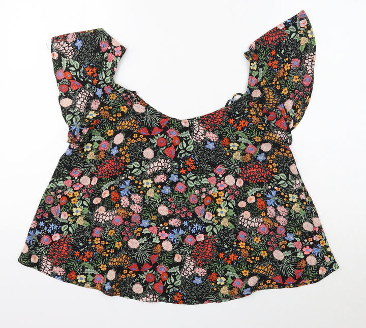 Topshop Womens Black Floral Polyester Cropped Blouse Size 10 Boat Neck
