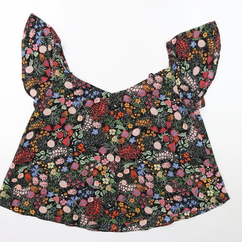 Topshop Womens Black Floral Polyester Cropped Blouse Size 10 Boat Neck