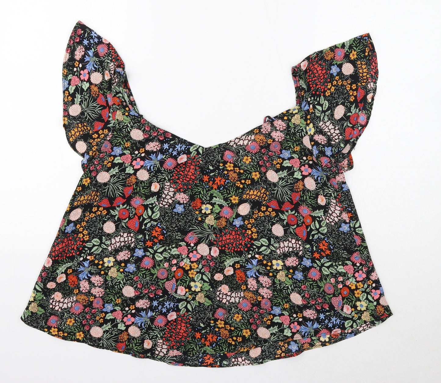 Topshop Womens Black Floral Polyester Cropped Blouse Size 10 Boat Neck