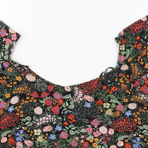 Topshop Womens Black Floral Polyester Cropped Blouse Size 10 Boat Neck